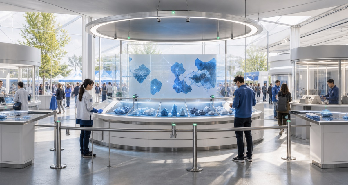 A bright public science event with blue sample cases, route-map geometry, custody rails, inspection counters, and quarantine windows.