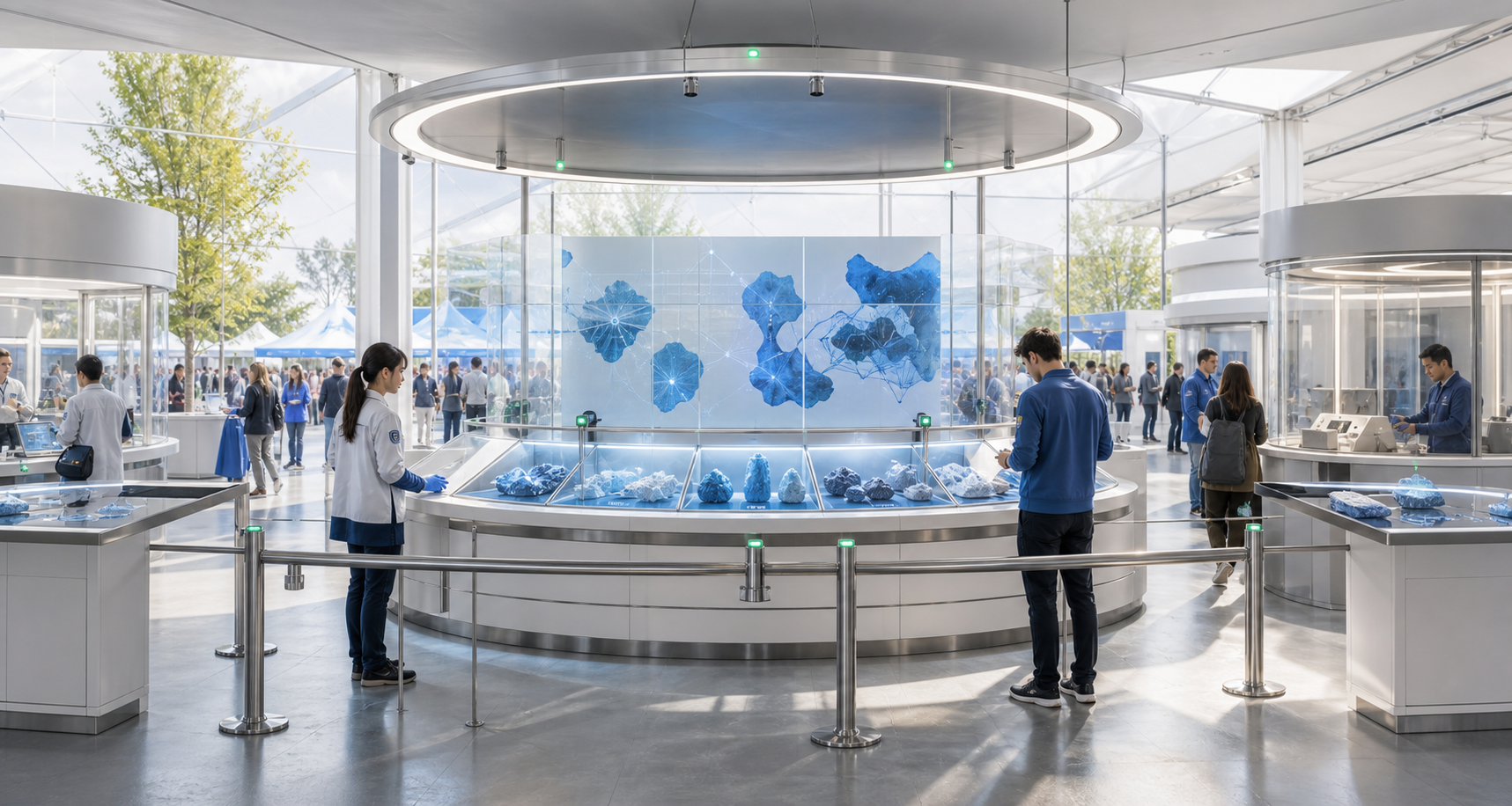 A bright public science event with blue sample cases, route-map geometry, custody rails, inspection counters, and quarantine windows.
