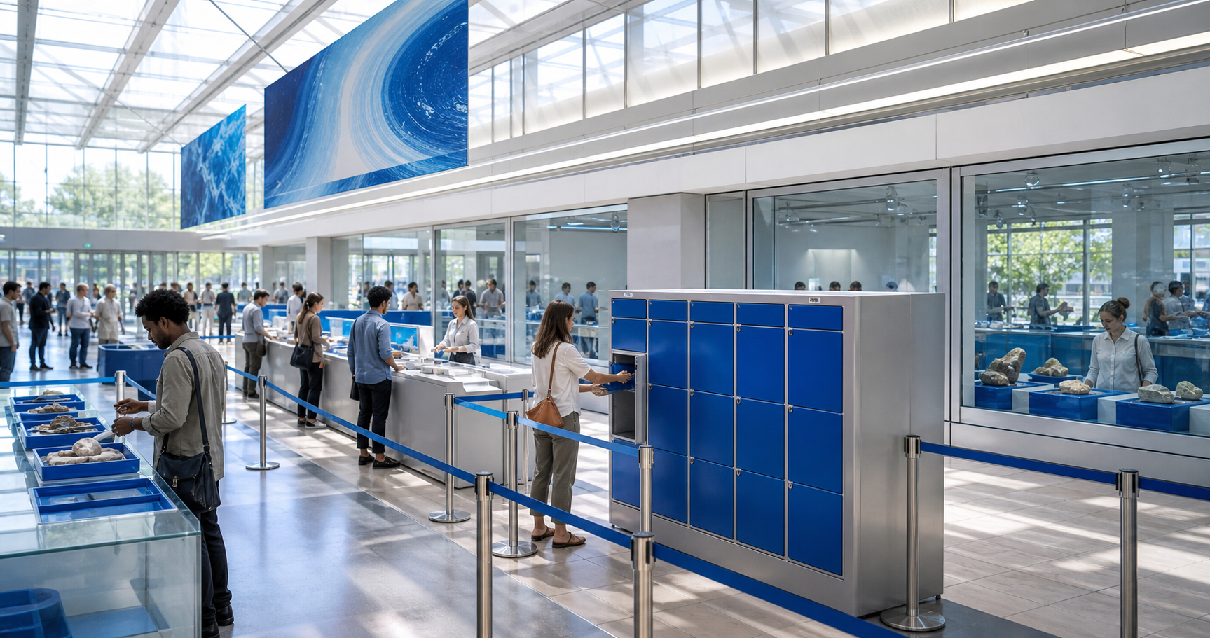 A bright public materials event with blue sample return lockers, custody rails, inspection counters, and quarantine windows.