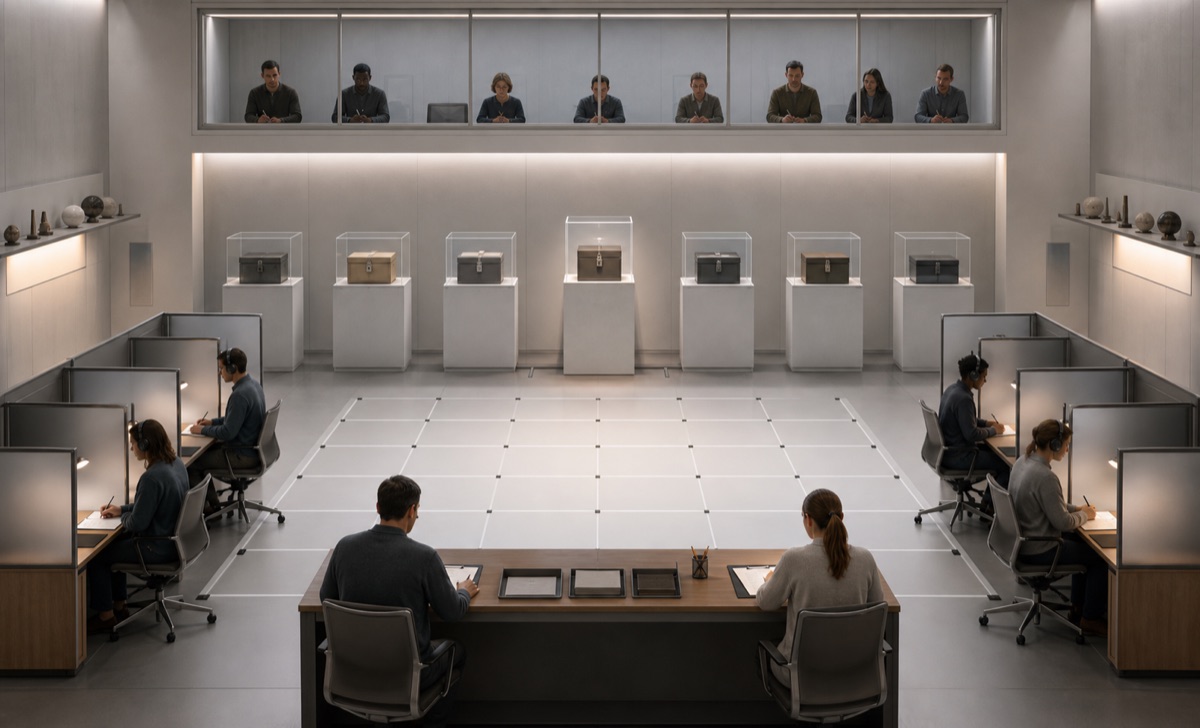 A neutral research classroom with sealed target boxes, blind scoring booths, calibration floor grid, and observer rail.
