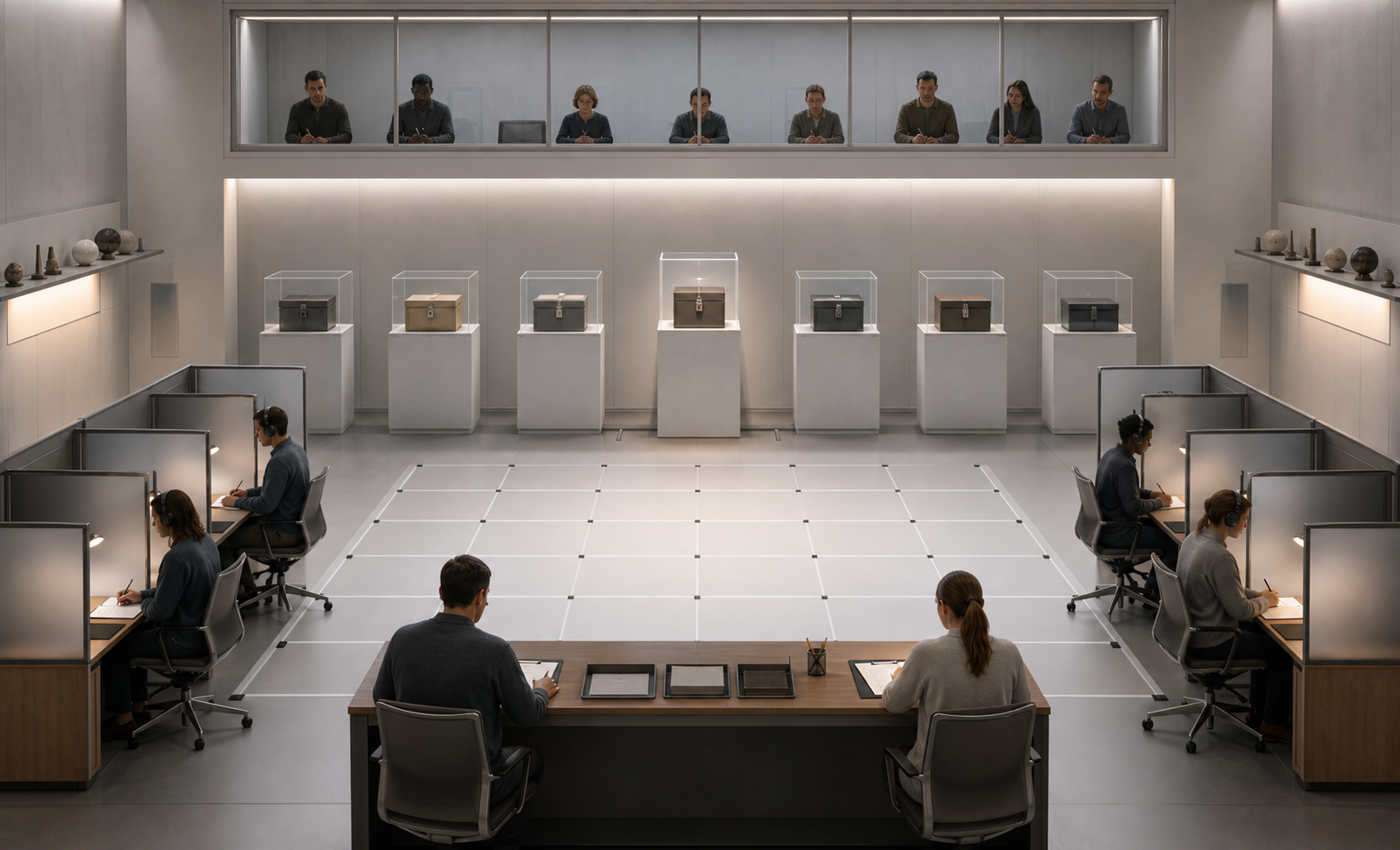 A neutral research classroom with sealed target boxes, blind scoring booths, calibration floor grid, and observer rail.