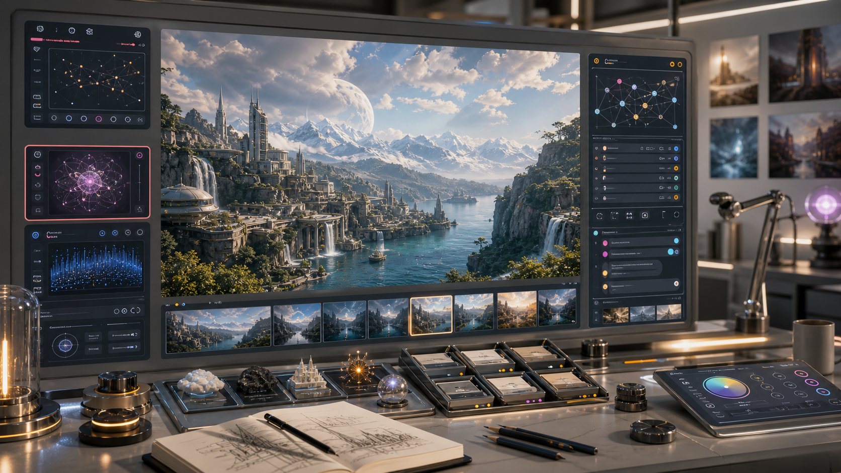 A W.N. AI studio workspace with generated canvas, seed receipts, and provenance drawers.