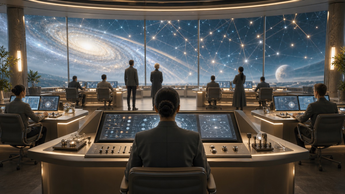 Calm Interfaces for Cosmic-Scale AI editorial art for WN Magazine