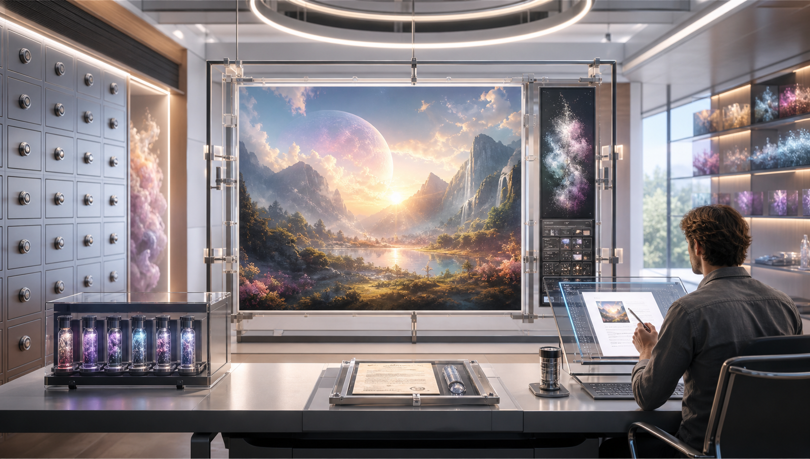 A bright image studio with a generated canvas, escrow vault drawers, seed capsules, and review rails.