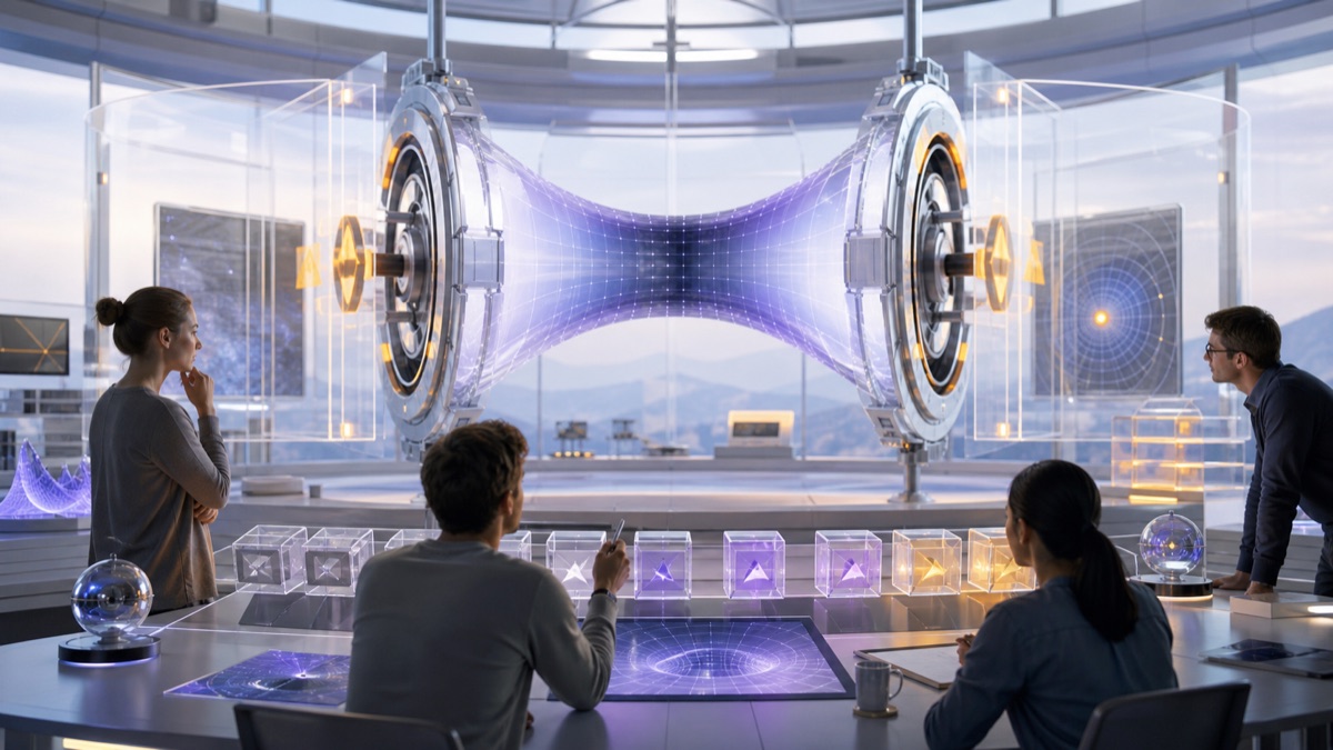 A bright physics review room with a suspended spacetime model and caveat renewal artifacts.