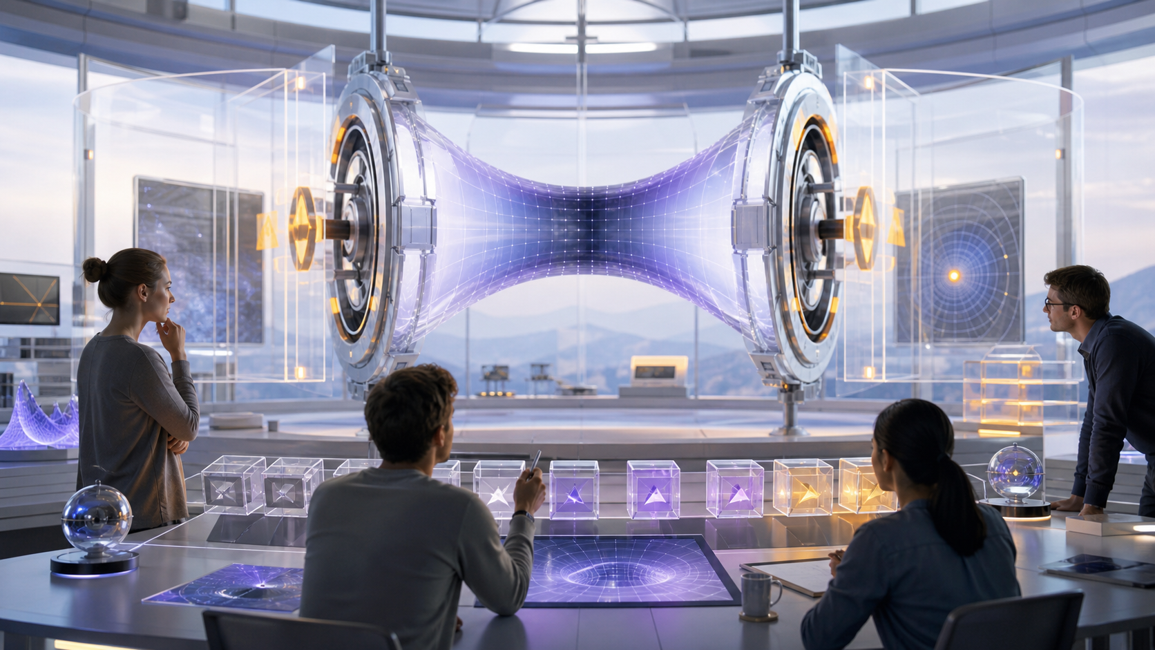 A bright physics review room with a suspended spacetime model and caveat renewal artifacts.