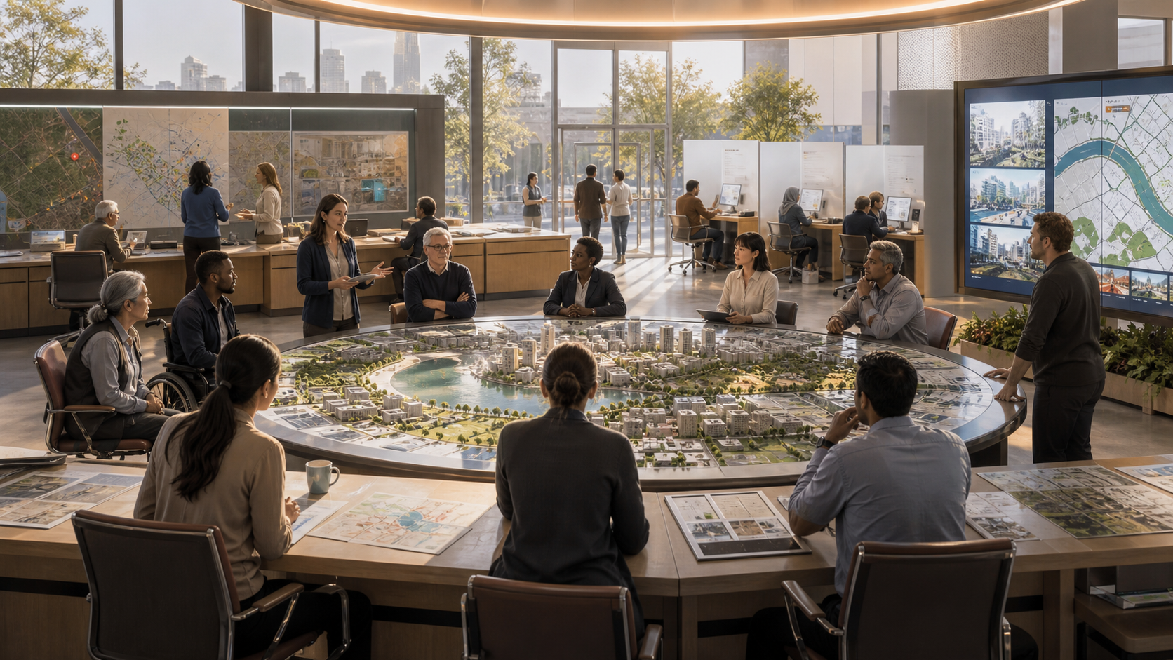 A public simulation review room with a model city table, aftercare desks, and resident appeal stations.