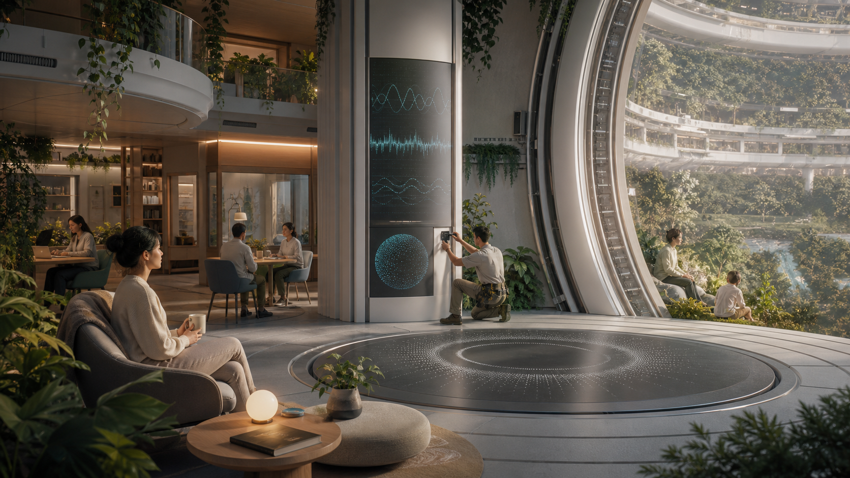 A rotating habitat interior with community quiet zones, acoustic fields, and maintenance staff.