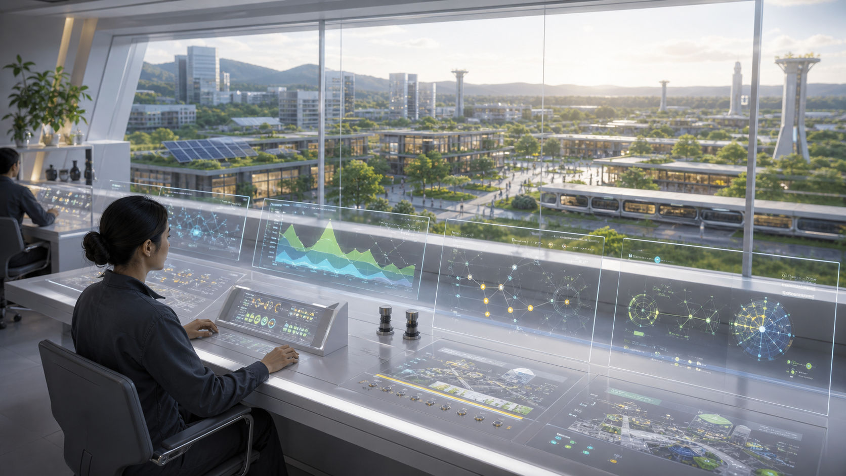 A civic dashboard room overlooking a future district with abstract public-condition layers.