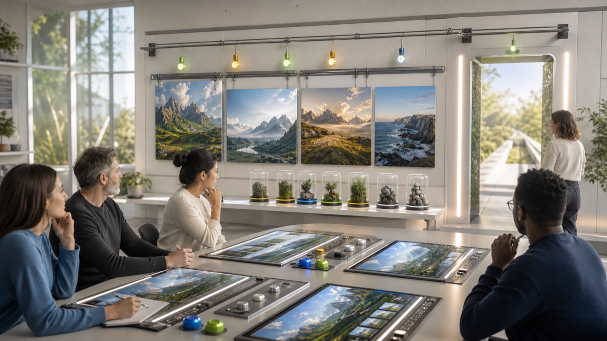 A miniature generated world rests under glass in a bright review lab with claim-cooling controls.