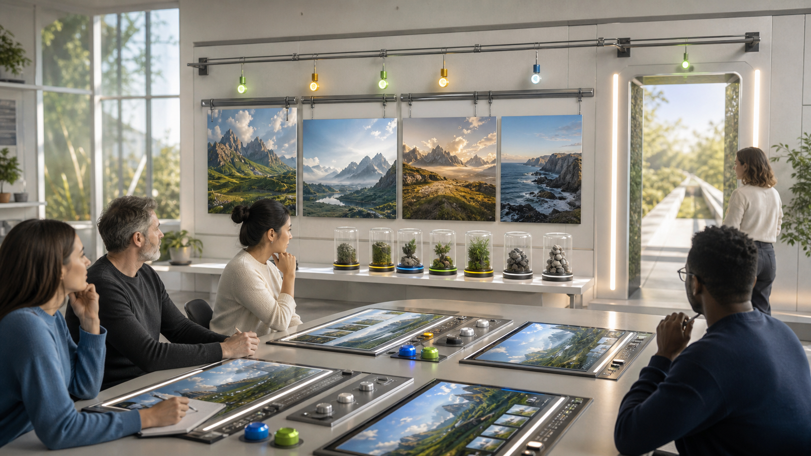 A miniature generated world rests under glass in a bright review lab with claim-cooling controls.