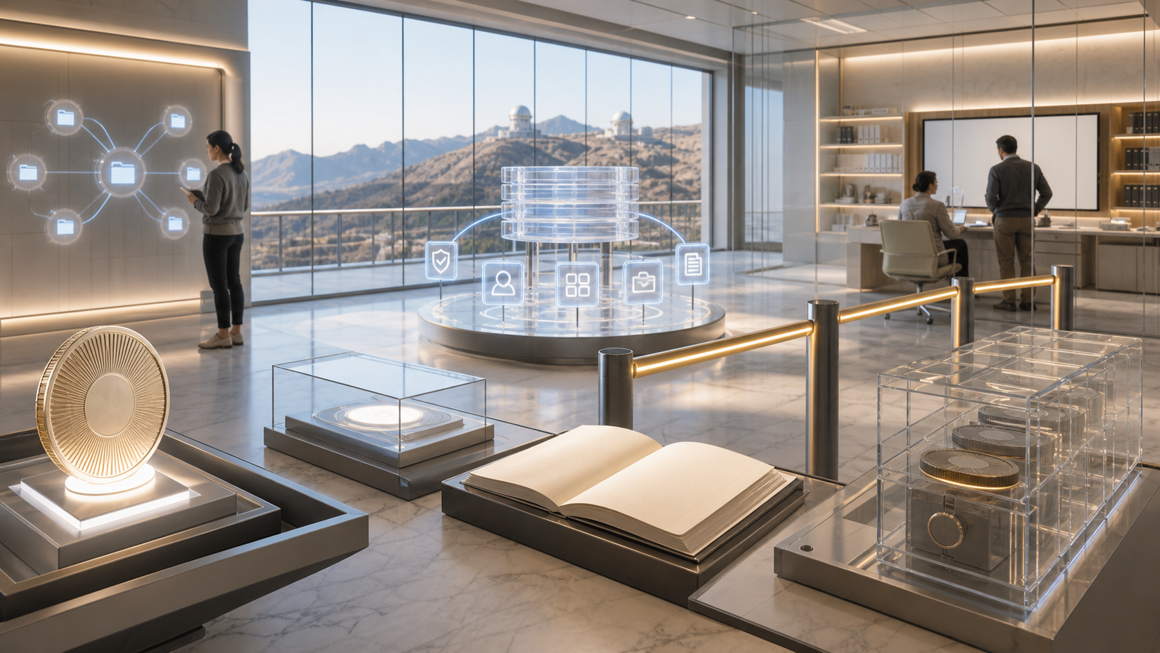 A restrained fintech review room with abstract token objects, custody gates, and provenance light links.