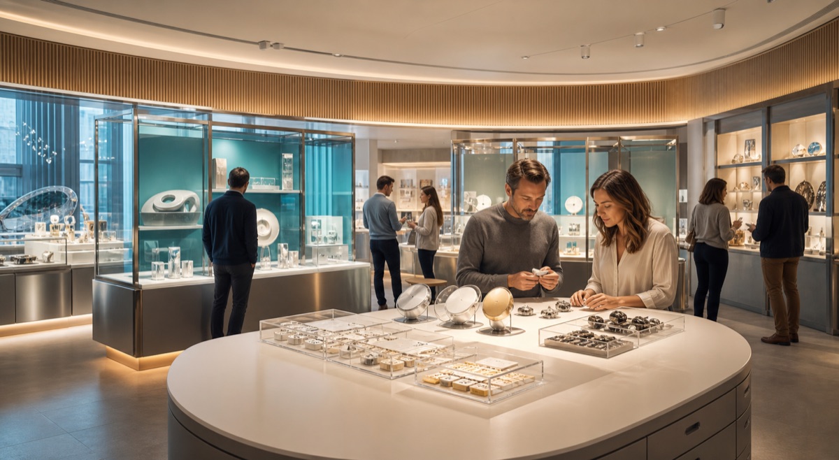 A polished member demo studio with prototype models behind glass, calm label stations, and evidence drawers.