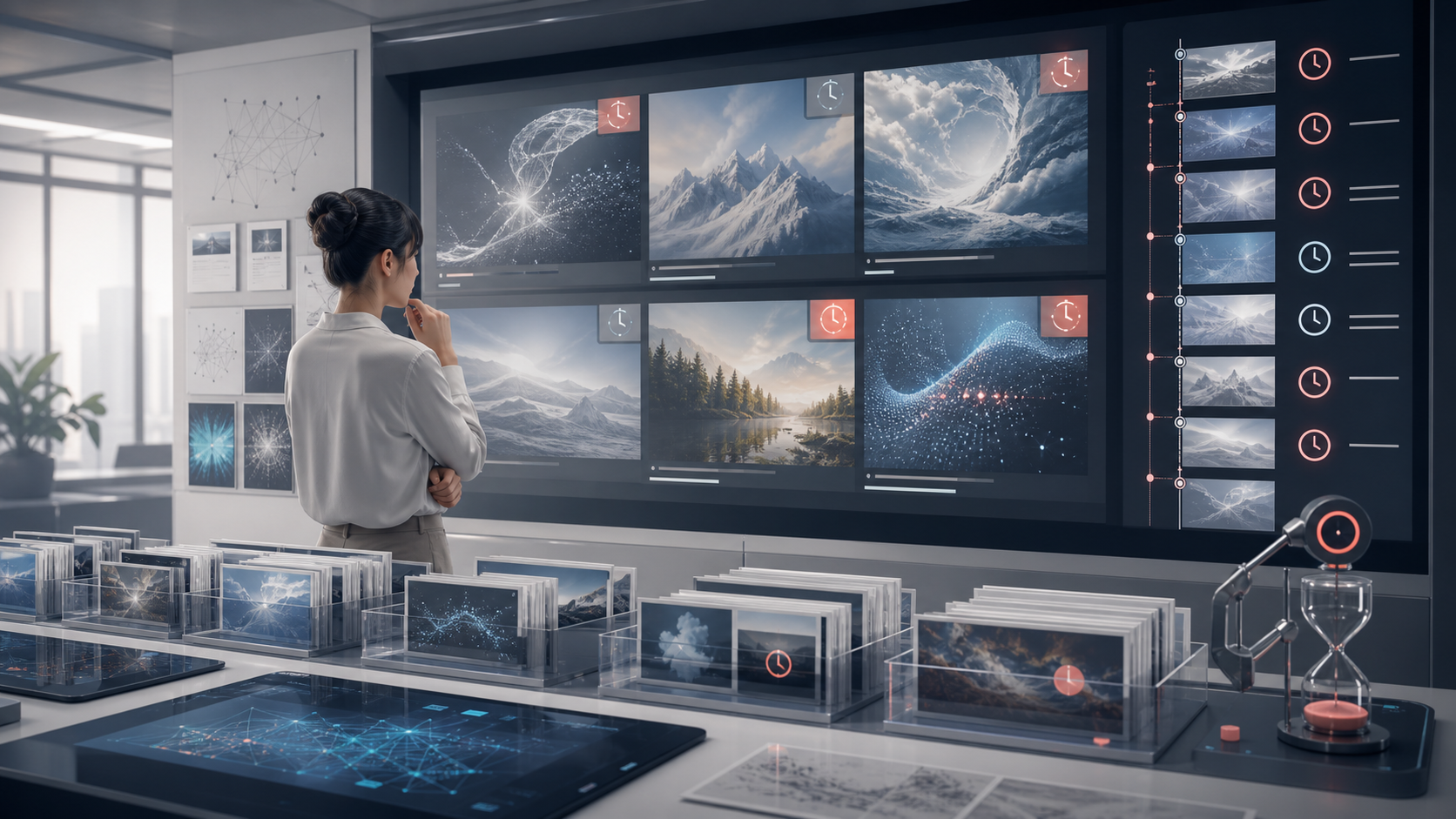 An AI image review wall with preview frames, version archive, and abstract expiration markers.