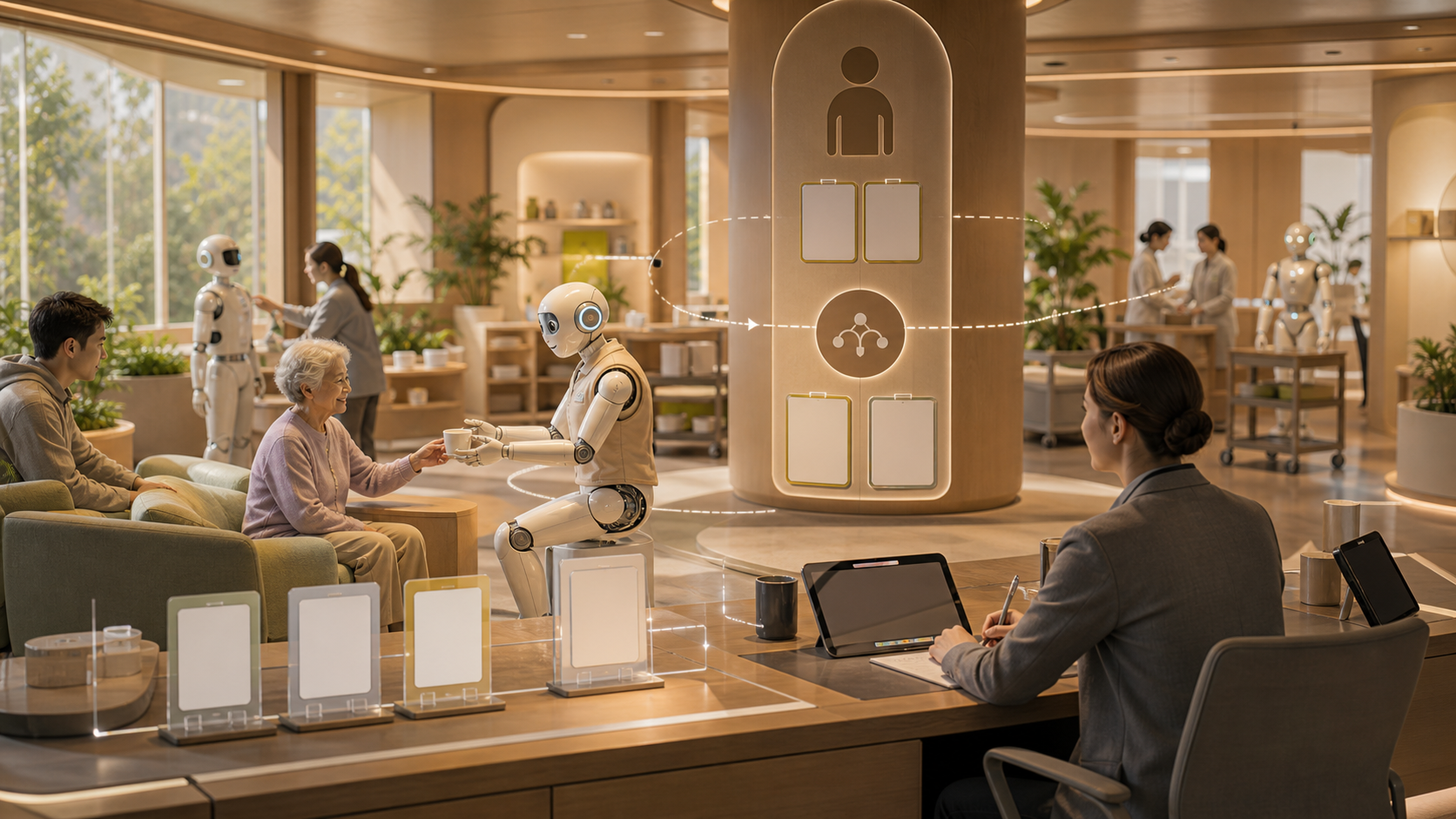 A warm robotics care lab with service prototypes, consent stations, and a human supervisor desk.
