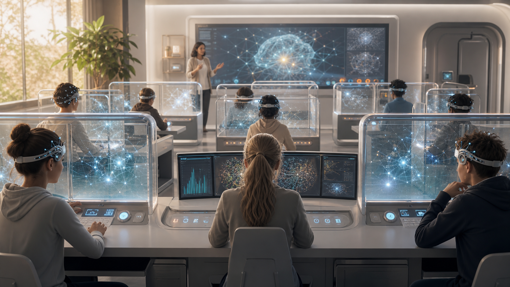 A future classroom-lab with neural learning stations behind transparent consent gates.