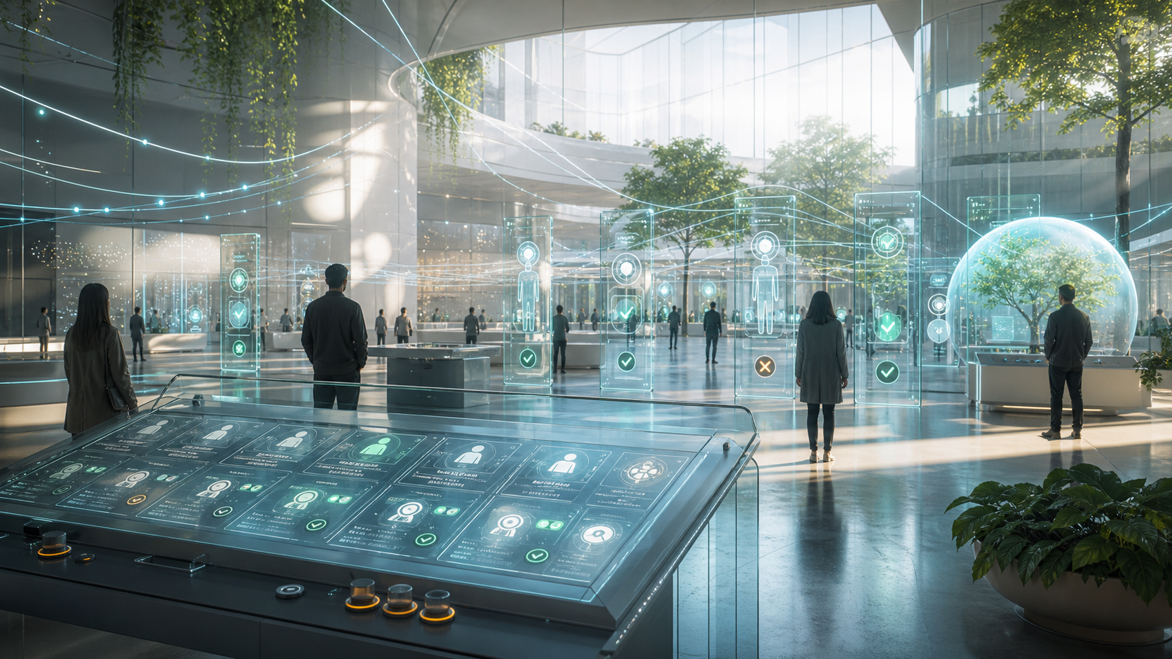 Civic sensor pathways passing through transparent consent gates and review desks.