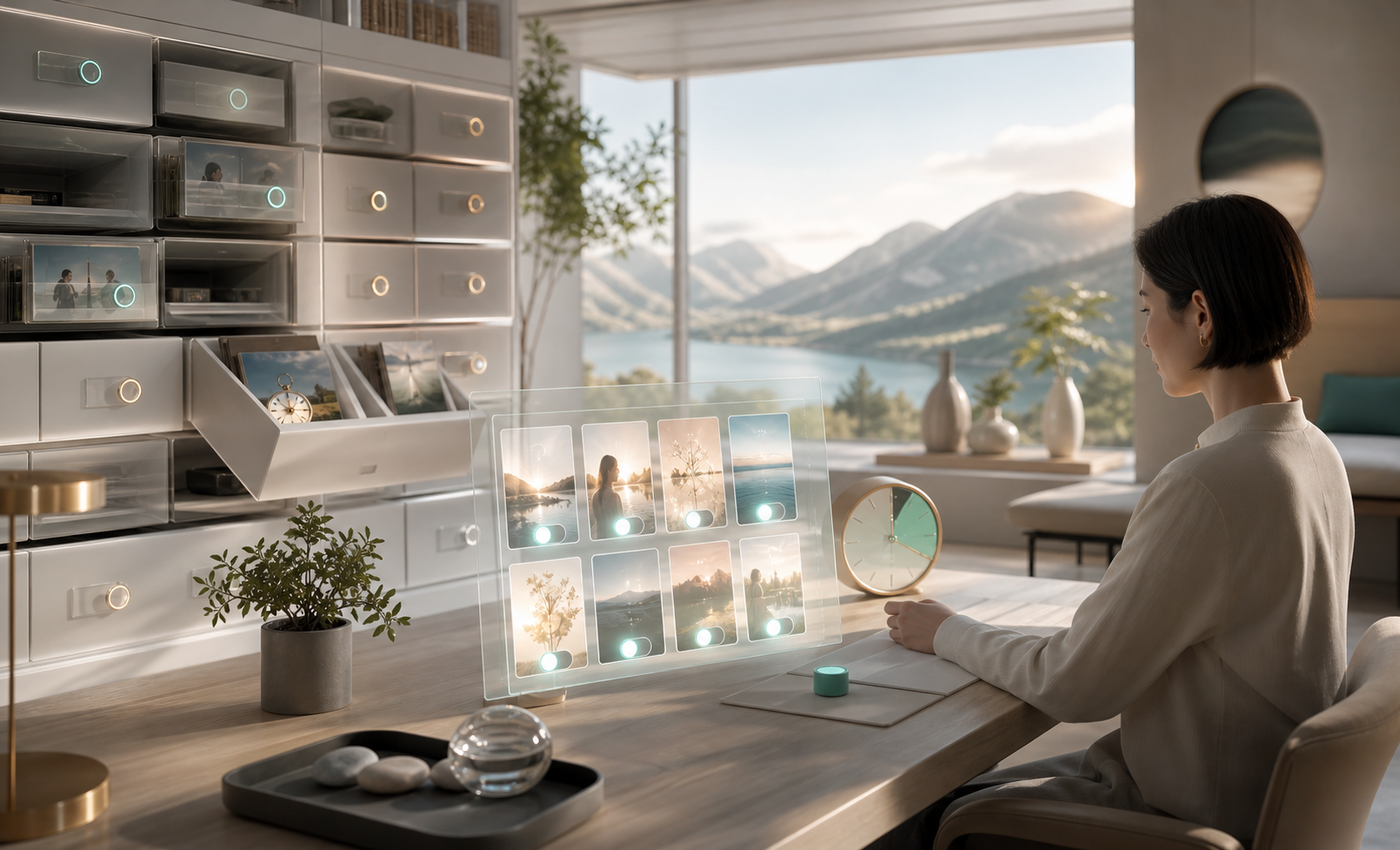 A calm member workspace with memory archive drawers, consent switches, expiry tokens, and privacy screens.