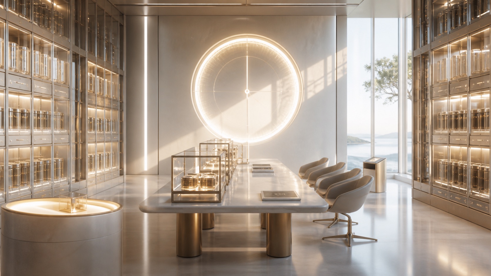 A quiet archive room with luminous memory vaults, empty review chairs, and a soft expiry clock motif.
