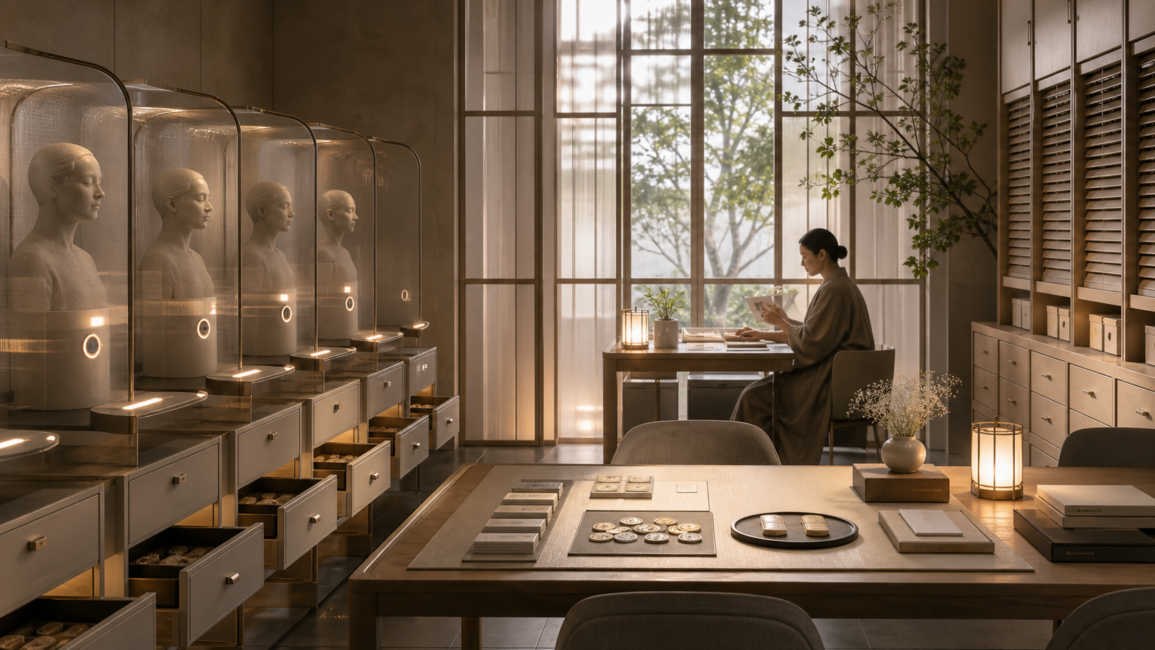 A quiet archive with powered-down avatar stations, consent renewal tokens, privacy shutters, and deletion drawers.