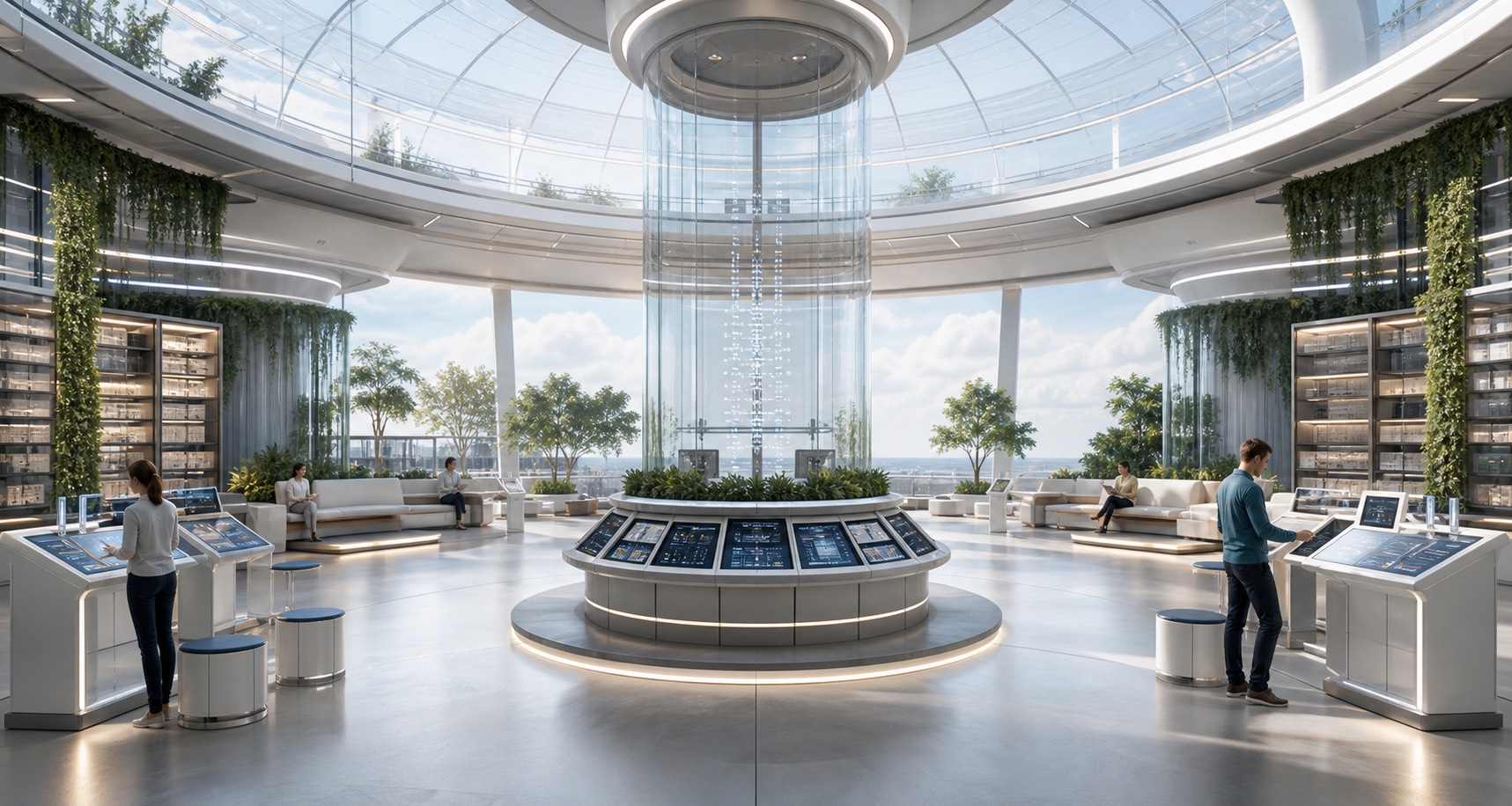 A bright member workspace with memory drawers, continuity timelines, consent stations, and reviewer benches.