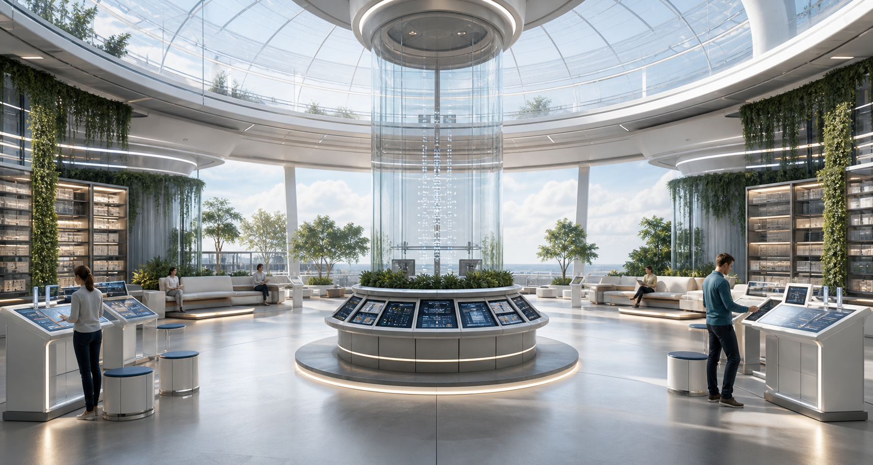 A bright member workspace with memory drawers, continuity timelines, consent stations, and reviewer benches.