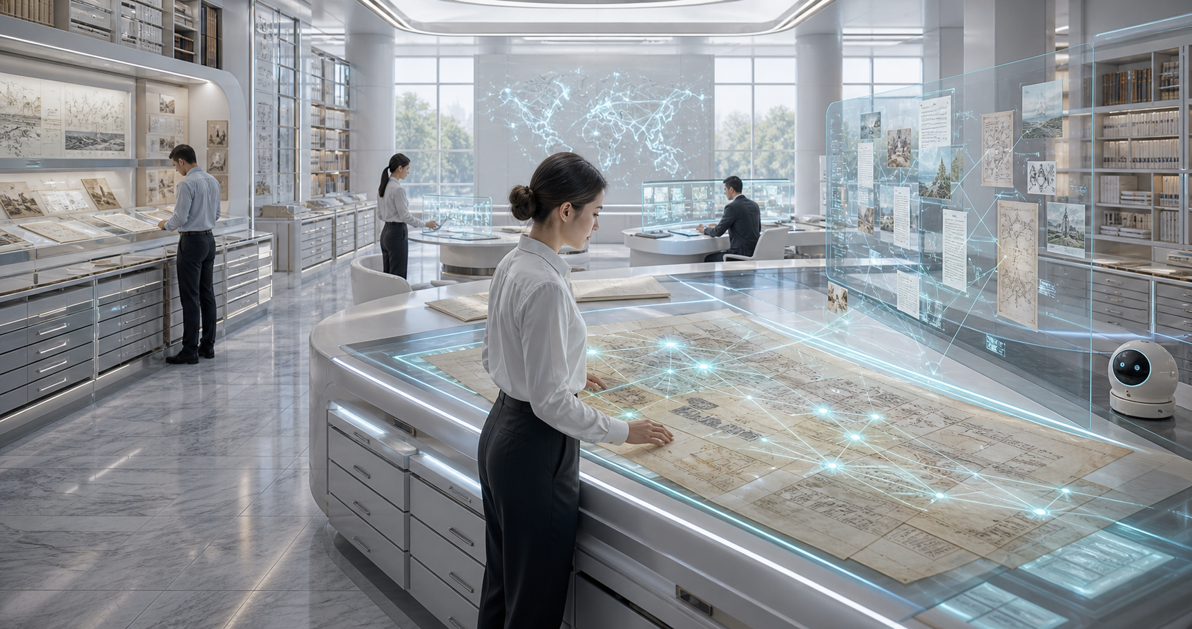 A bright research notebook room with corpus map tables, source trails, retrieval lights, and assistant panes.