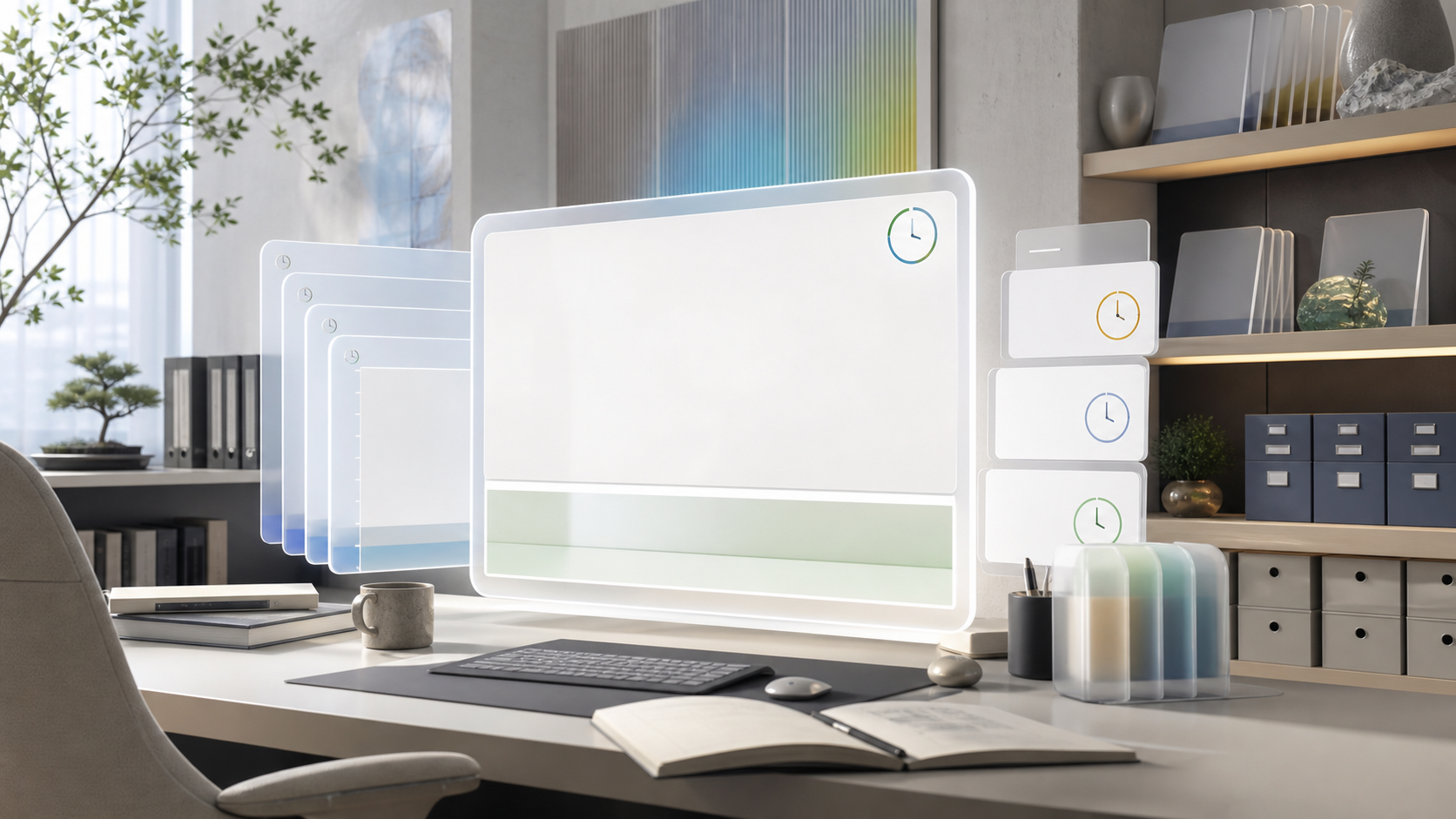 AI-generated member assistant workspace with answer-history cards, correction windows, source freshness clocks, and archive drawers.
