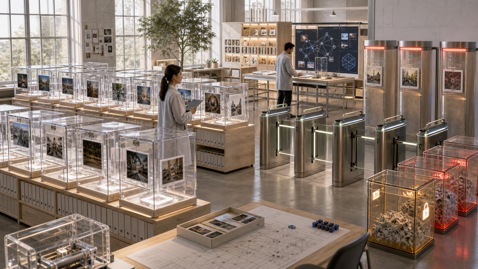 A bright dataset registry lab with licensed image tiles in quarantine cases and permission turnstiles.