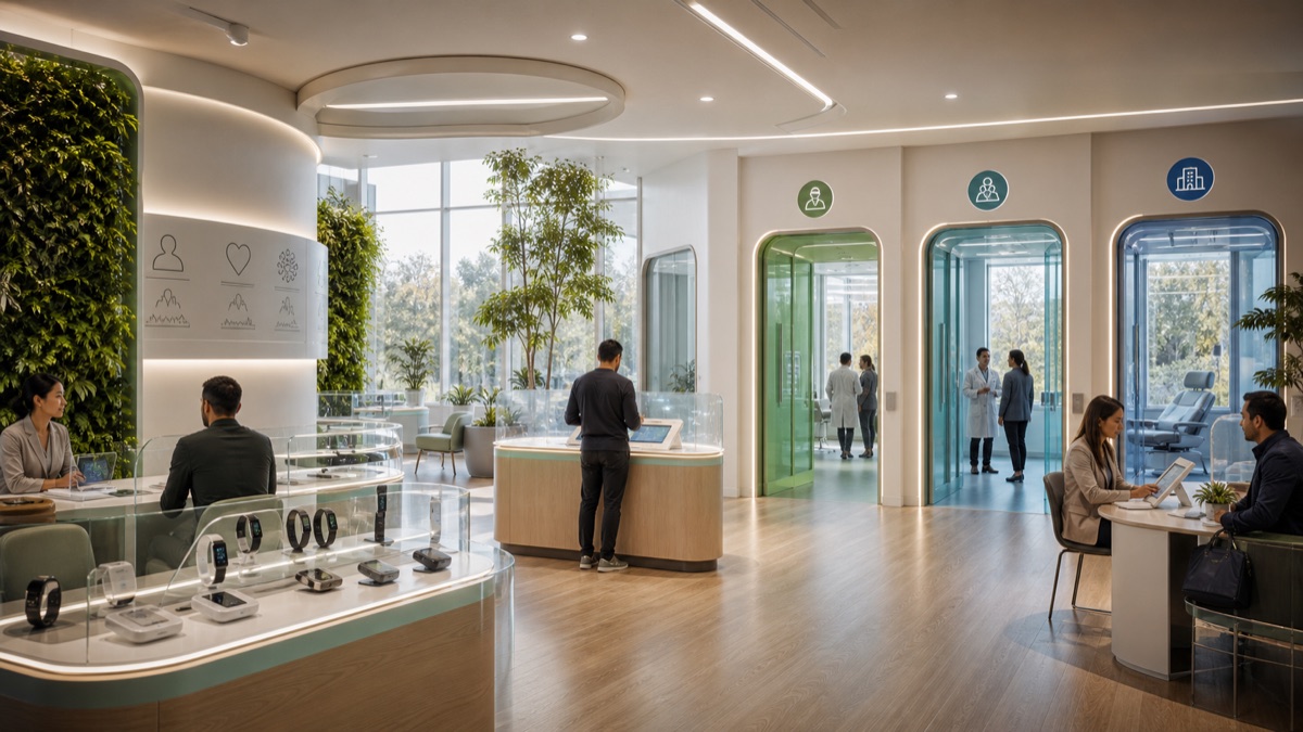 A warm health-technology triage room with wearable sensor mockups, consent desks, blank review benches, and symbolic care doors.