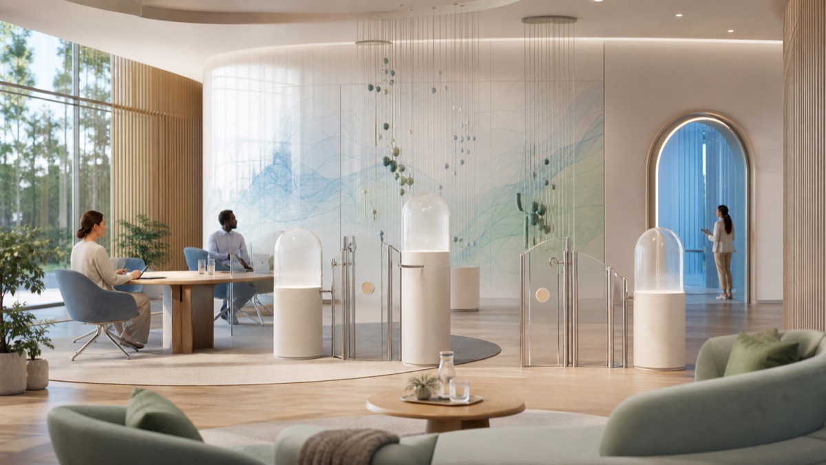 A bright nonclinical health-data studio with consent gates and privacy capsules.
