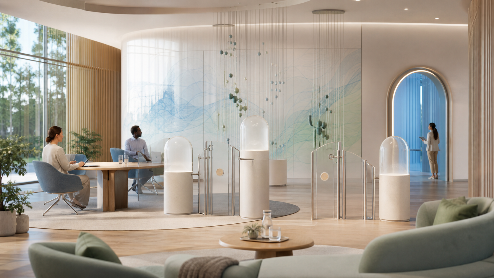 A bright nonclinical health-data studio with consent gates and privacy capsules.