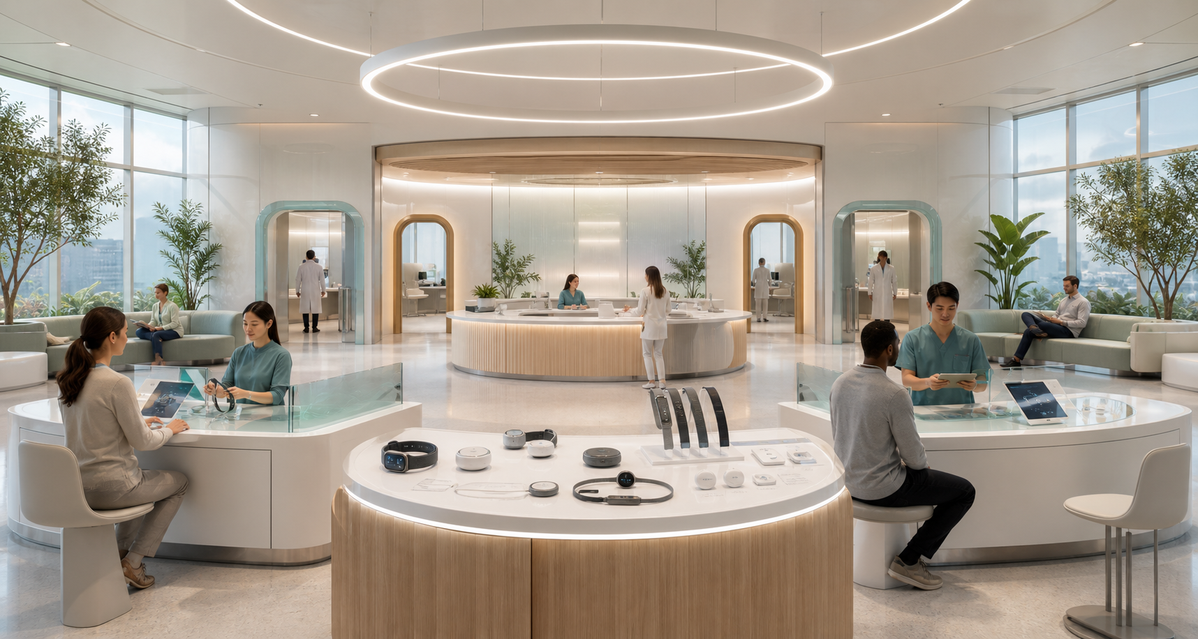 A bright health-technology room with wearable-sensor mockups, consent desks, non-diagnostic review benches, and escalation doors.