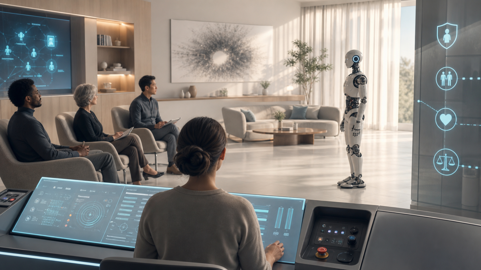 A robotics care studio with an android companion prototype, care protocol desk, and human override console.