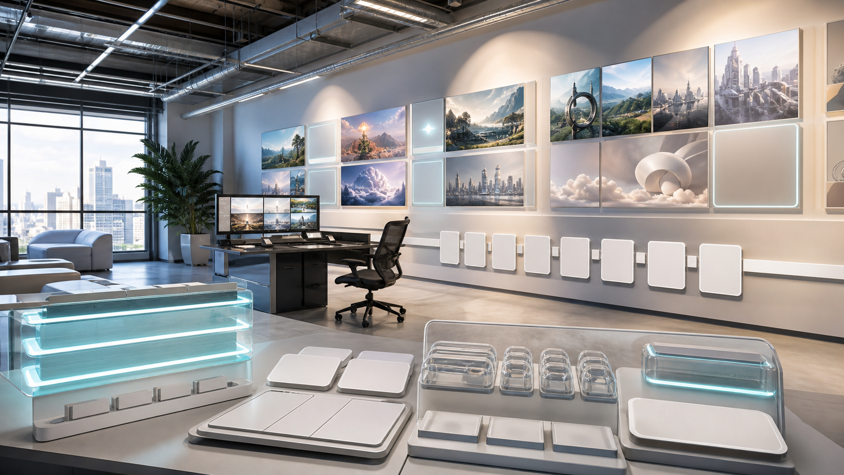 AI-generated publishing operations room with synthetic media preview canvases, disclosure rails, provenance capsules, and review station.