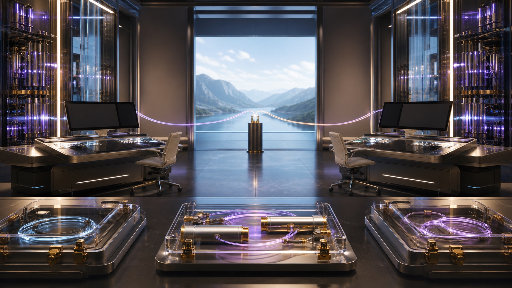 A clean key ceremony room with paired consoles, sealed light paths, and two empty operator stations.