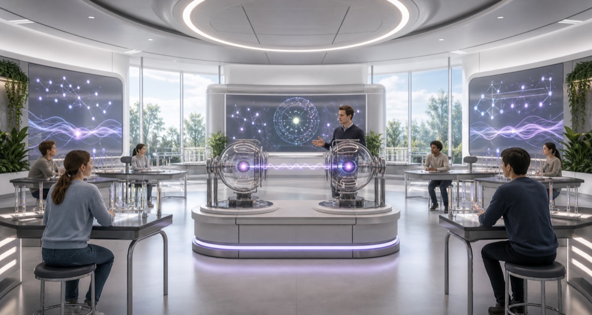 A bright science classroom with paired quantum apparatus models, separated stations, and abstract correlation lights.