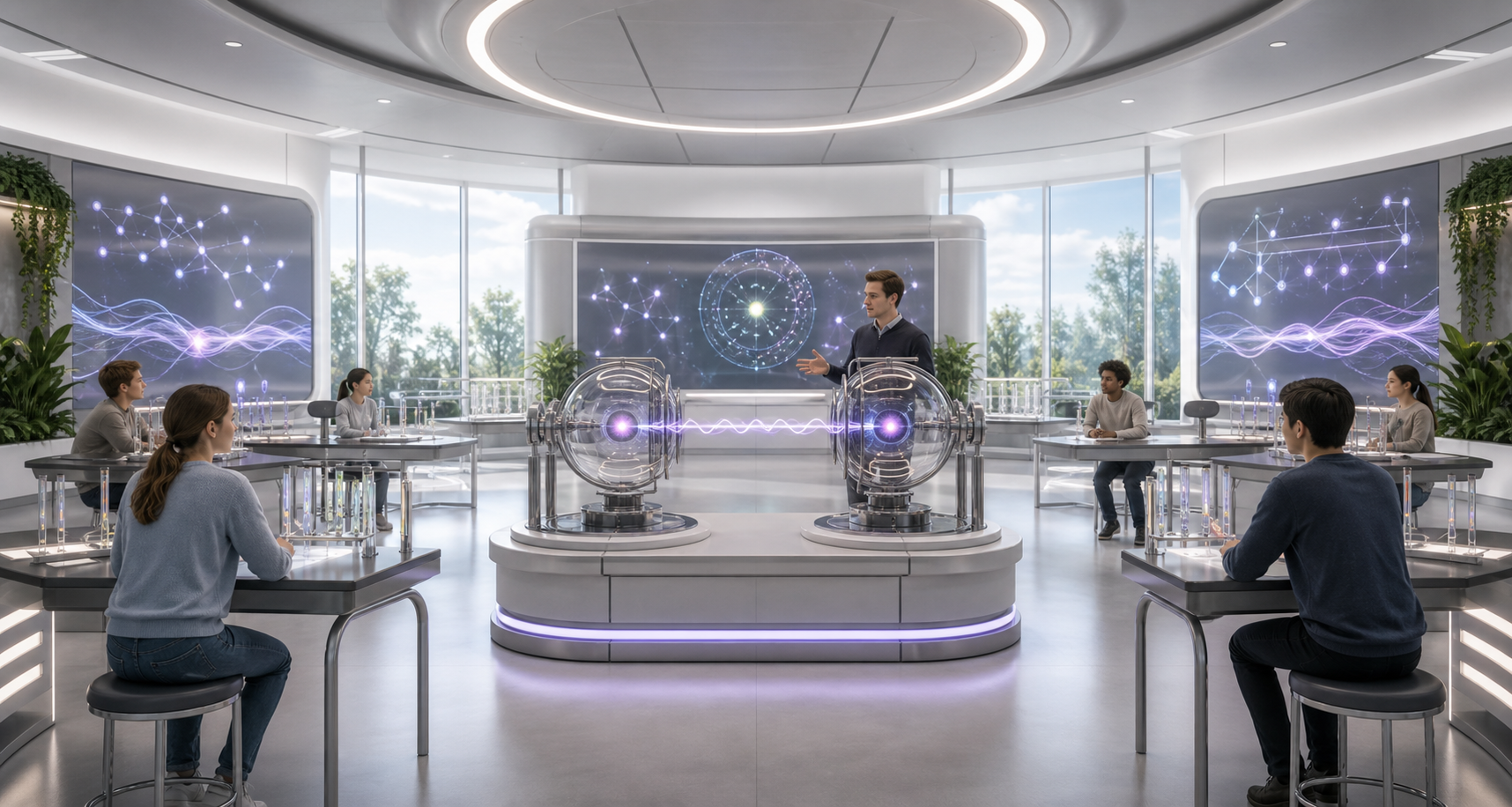 A bright science classroom with paired quantum apparatus models, separated stations, and abstract correlation lights.