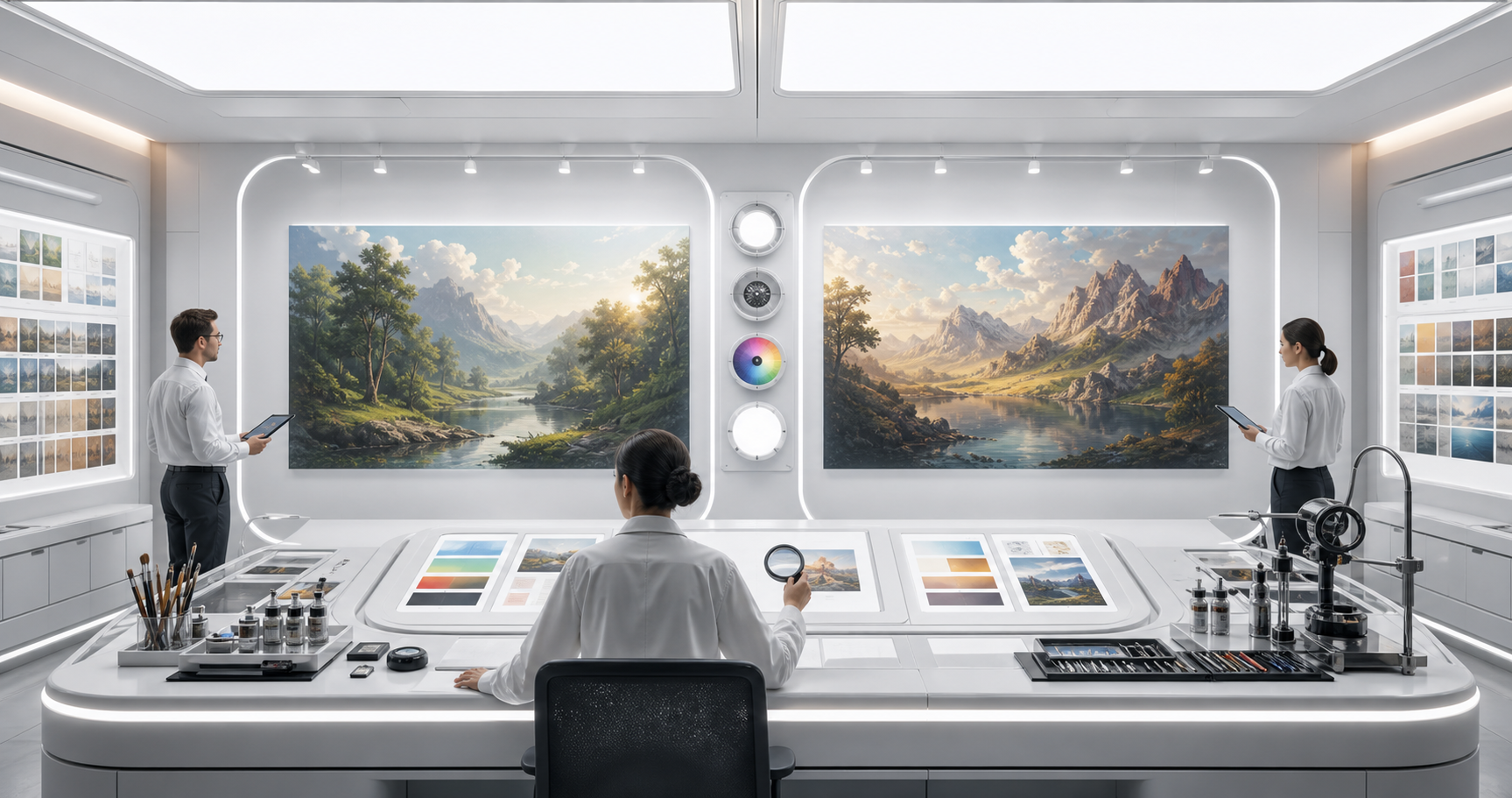A modern AI evaluation bench with paired canvases, prompt cards, source lights, and reviewer instruments.