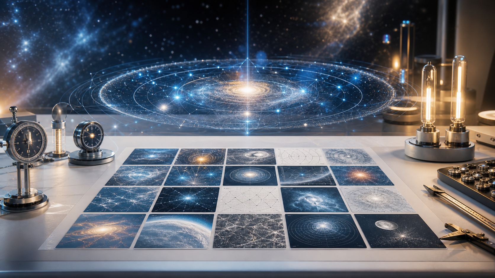 A tabletop cosmic interface model surrounded by evidence cards and calibration instruments.