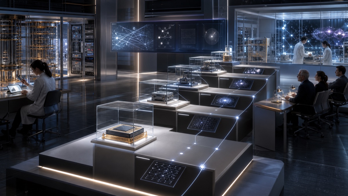 A quantum hardware lab with chip prototypes under glass, evidence pedestals, and cryogenic instruments.