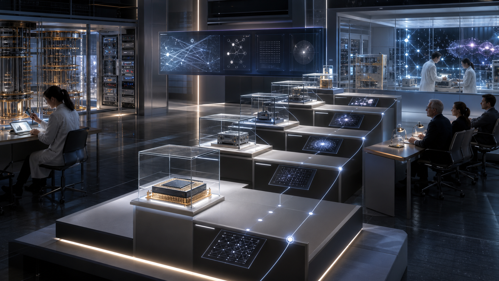 A quantum hardware lab with chip prototypes under glass, evidence pedestals, and cryogenic instruments.