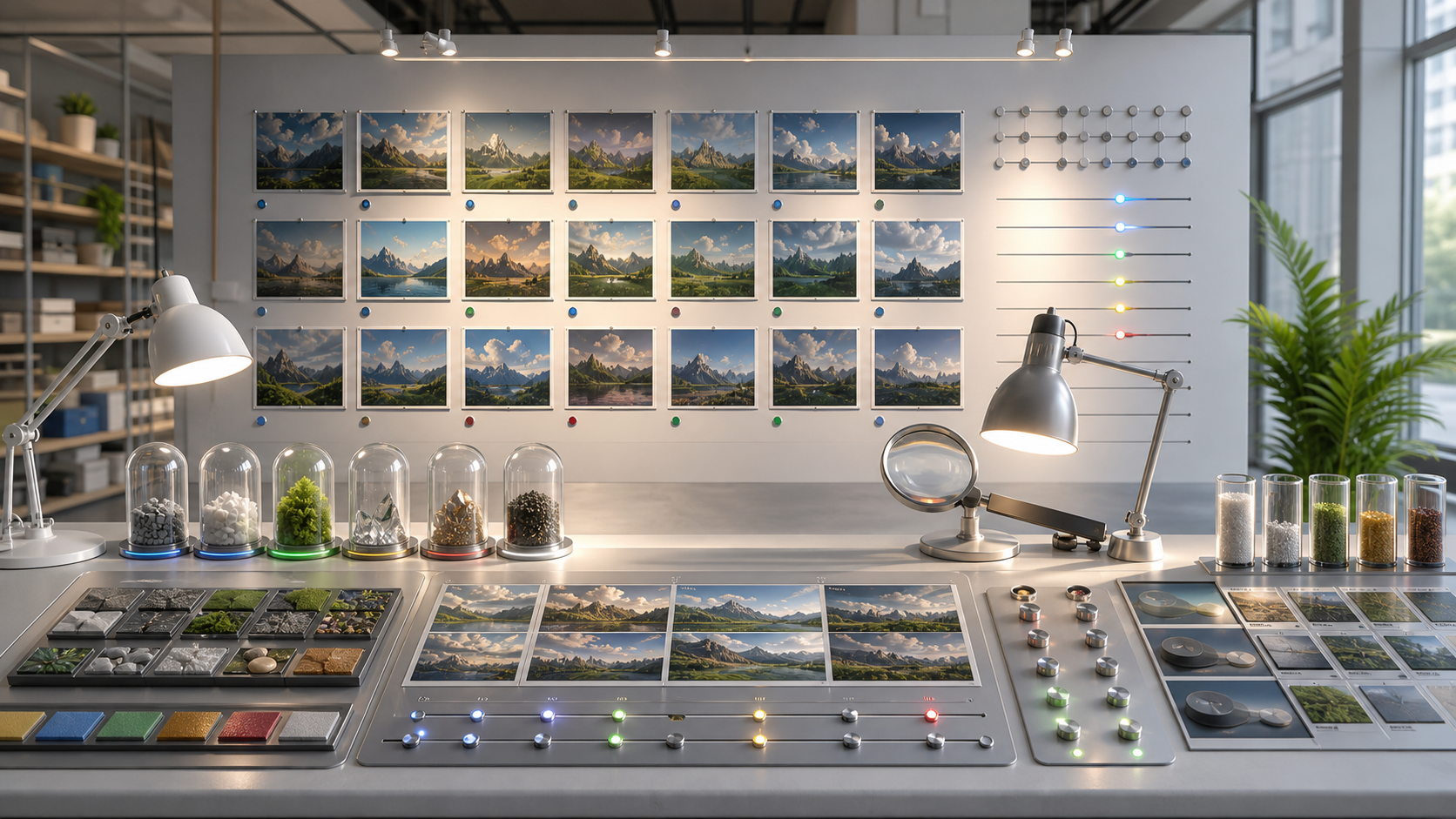 A generated artwork stands in a bright evidence room with provenance capsules and inspection lamps.