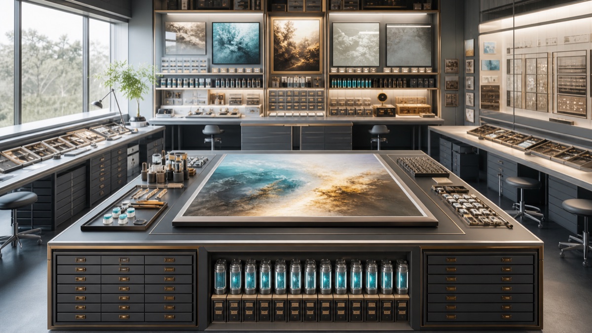 AI-generated Member Image Studio evidence room with canvas, provenance drawers, source-status trays, seed capsules, and review benches.