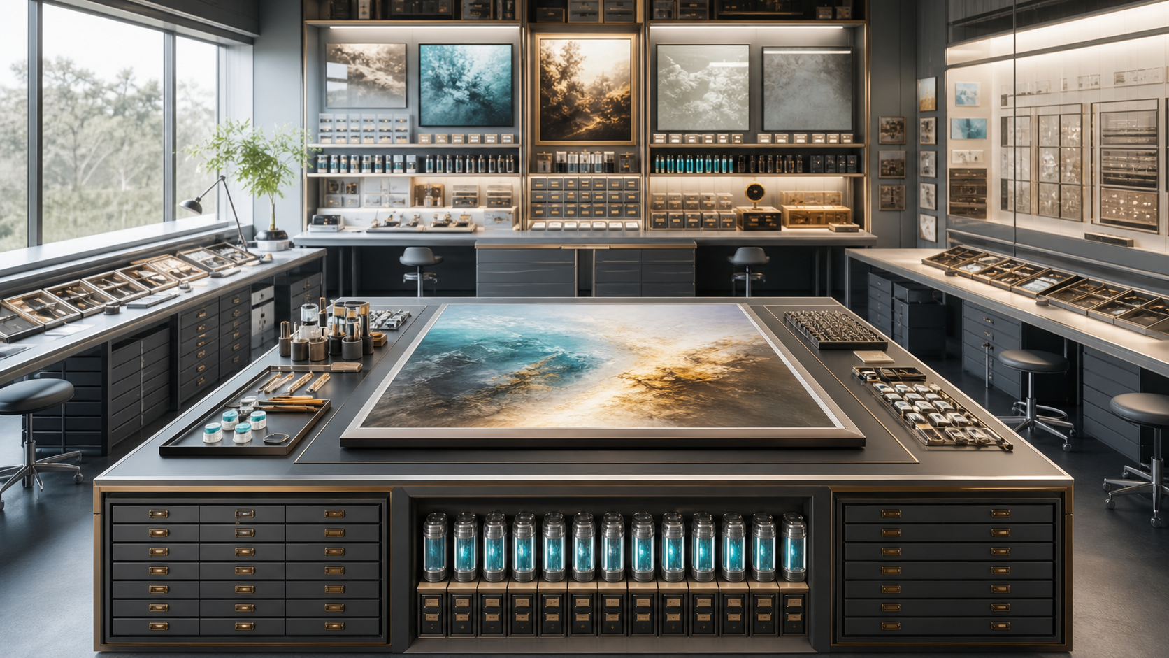 AI-generated W.N. Image Studio evidence room with canvas, provenance drawers, source-status trays, seed capsules, and review benches.