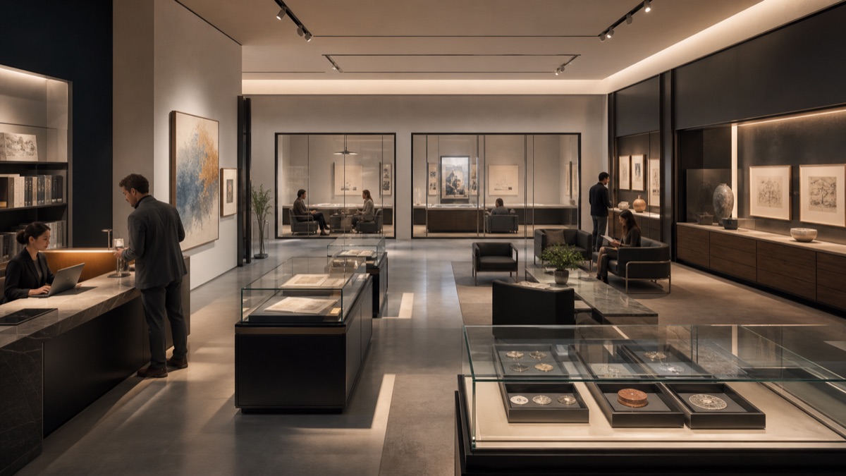 A refined digital art gallery with artifact cases, provenance drawers, buyer-review windows, and a calm waiting area.