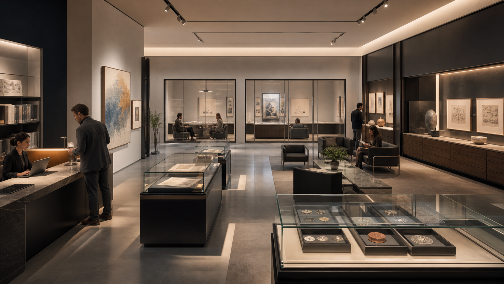 A refined digital art gallery with artifact cases, provenance drawers, buyer-review windows, and a calm waiting area.