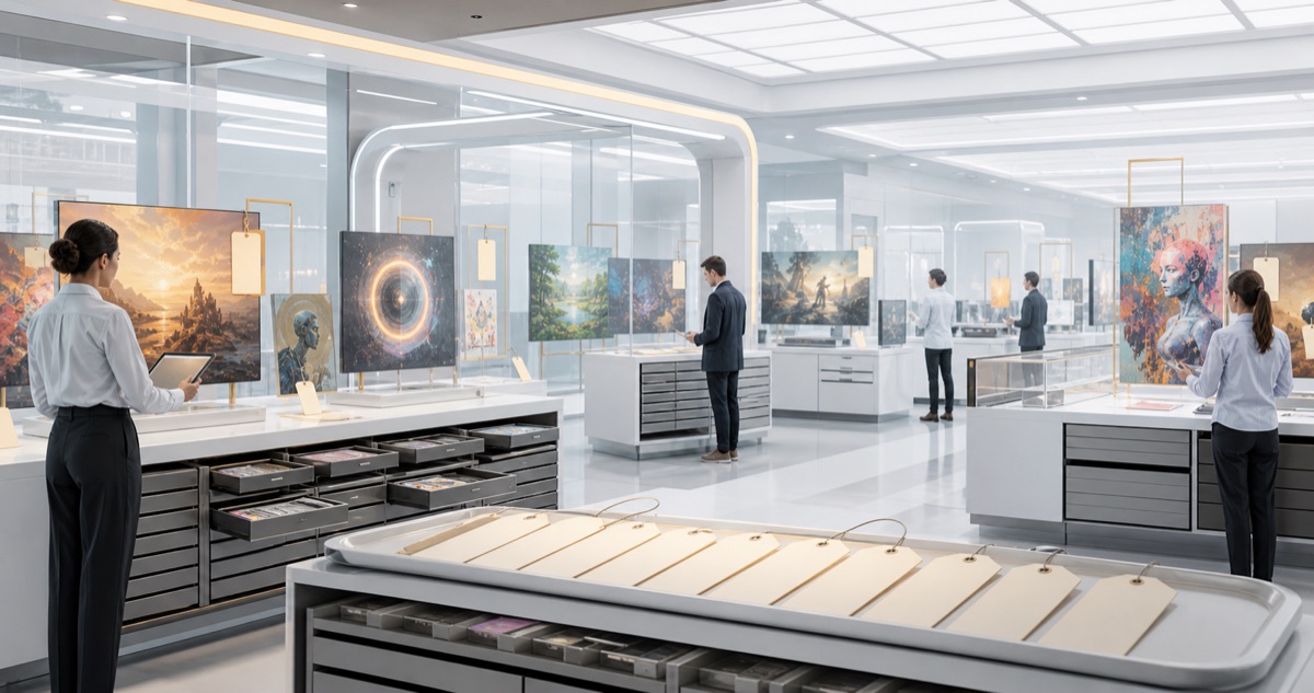 A bright Exchange gallery with AI artifacts, custody tags, provenance drawers, and review counters.