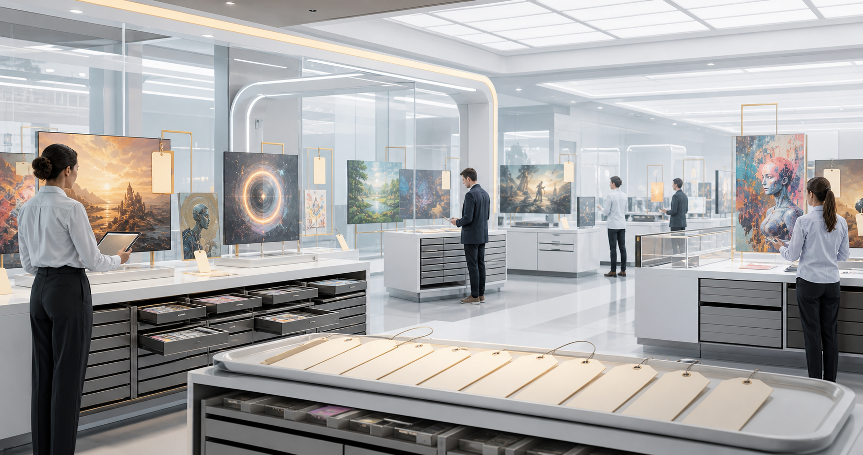 A bright Exchange gallery with AI artifacts, custody tags, provenance drawers, and review counters.