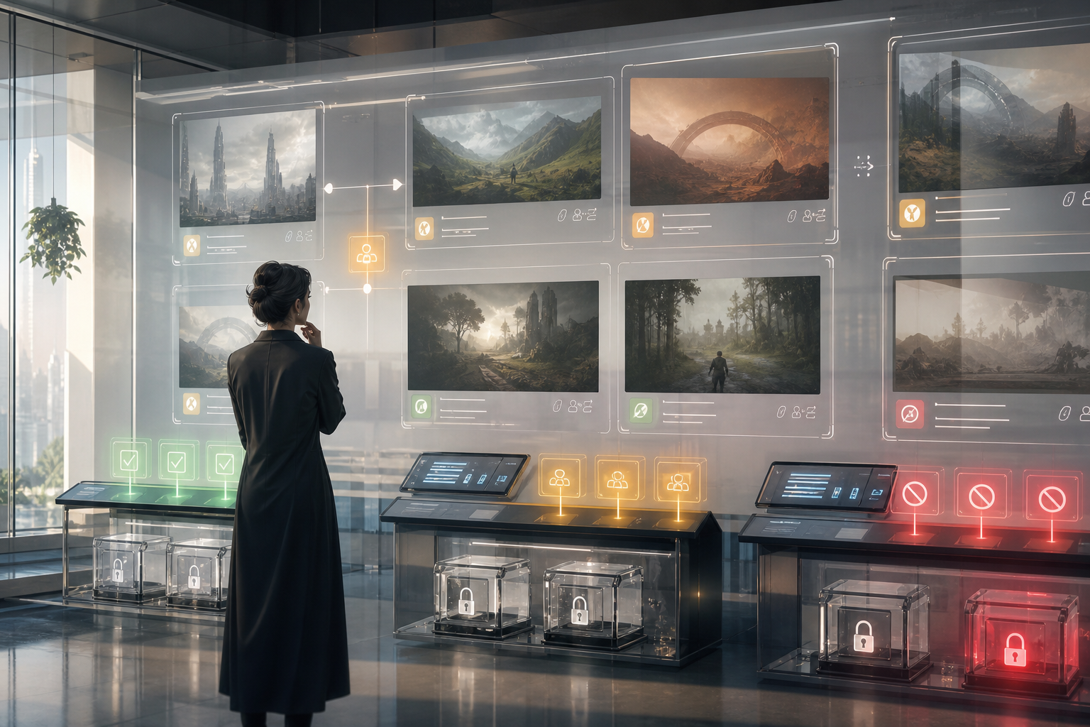 A bright Exchange rights review room with derivative windows, generated-world thumbnails, and license gates.